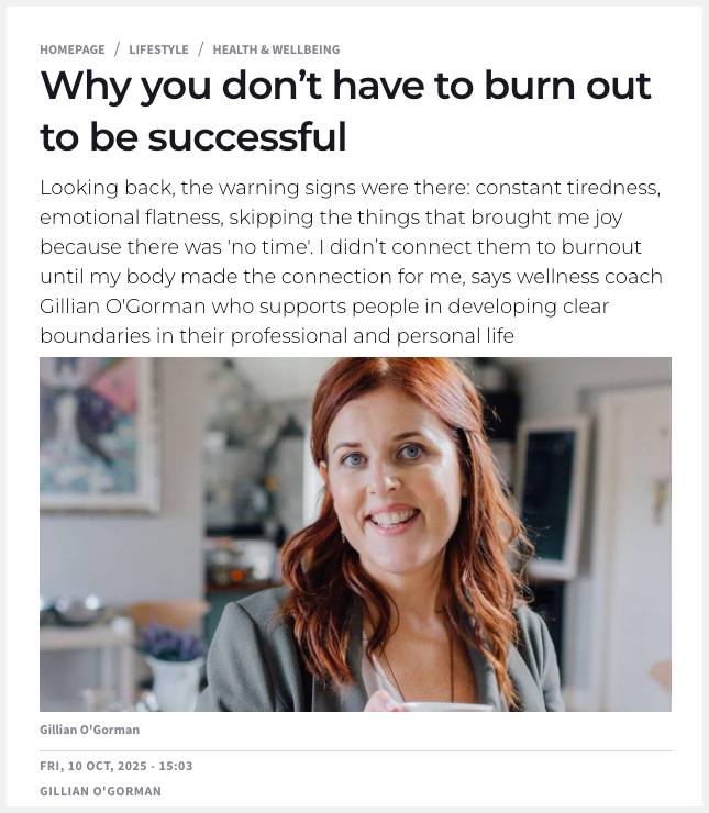 Woman smiling in an article about avoiding burnout and achieving success, featuring wellness tips and personal boundaries.